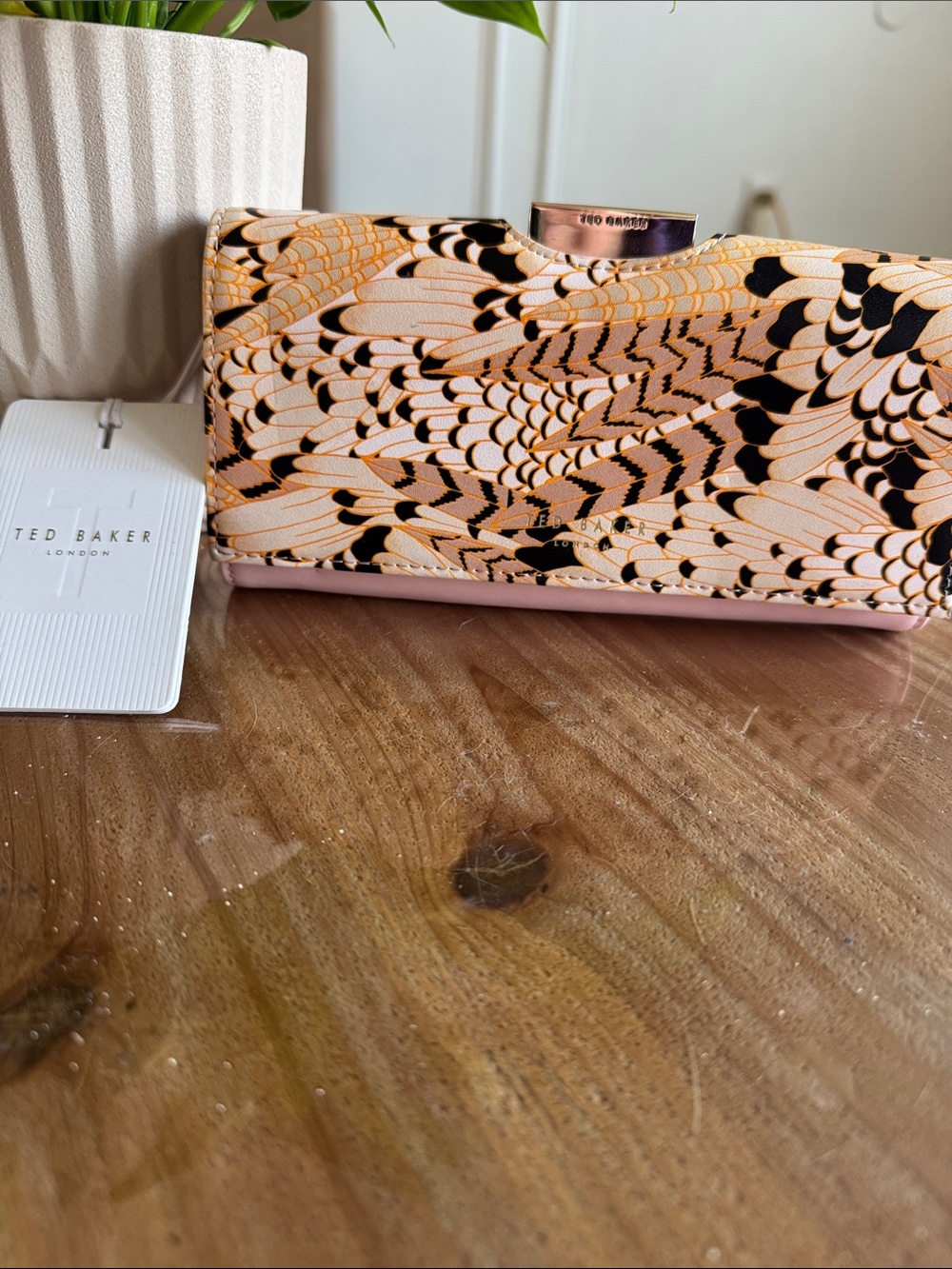 Ted Baker Pink and Black Feather-Print Clutch Wallet